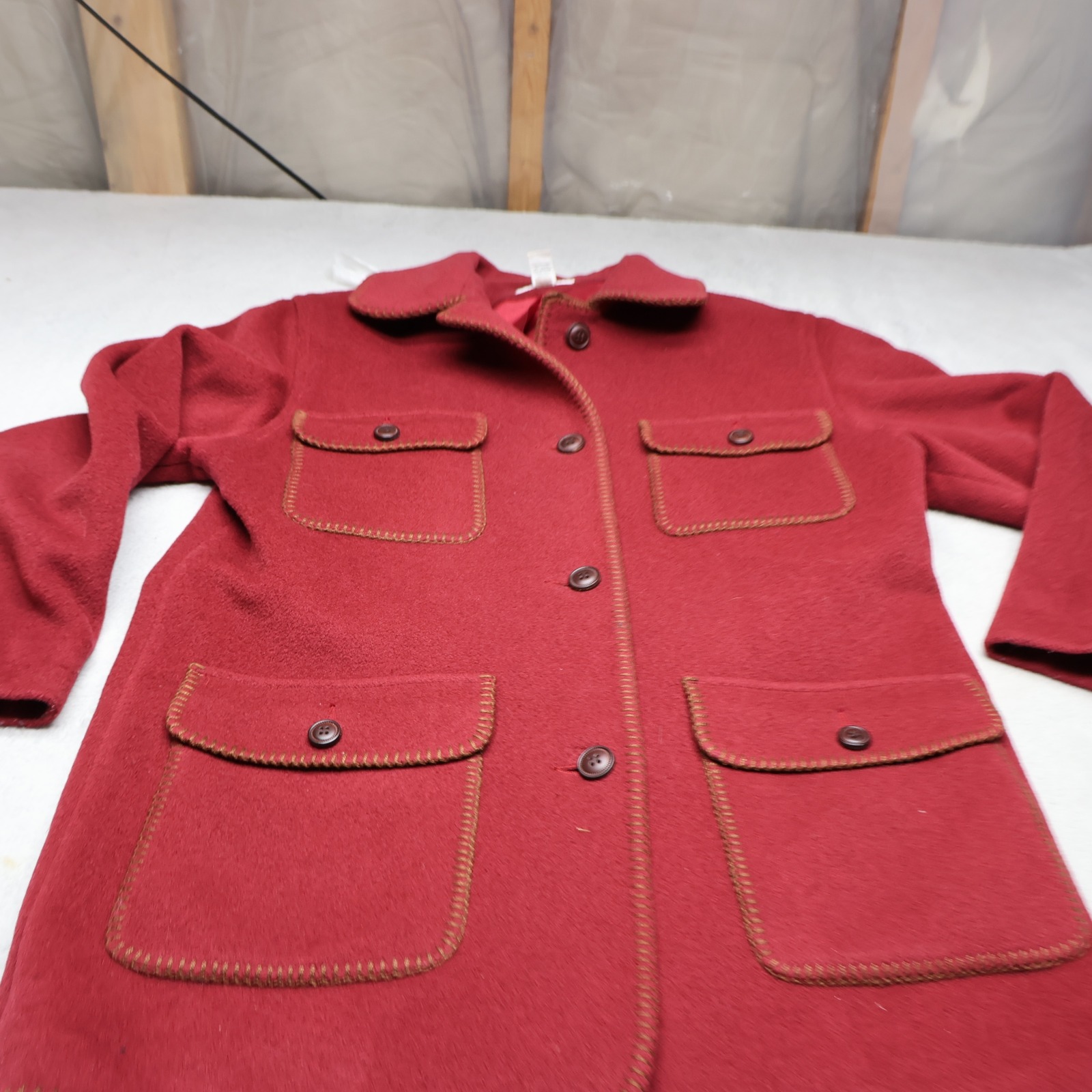 Lands End Jacket Womens 12 Red Wool Blend Winter Utility Chore Coat Usa Made Vtg